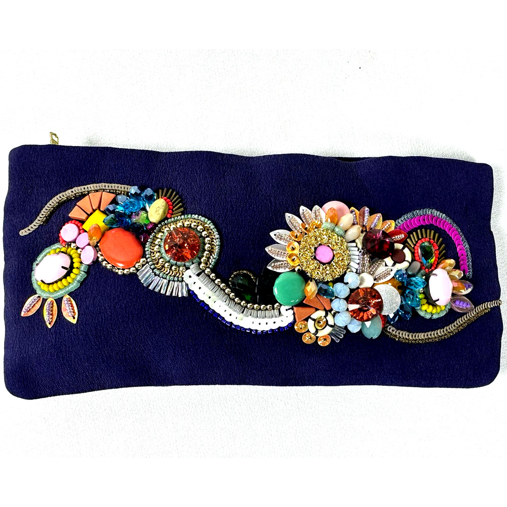 Megan Park Violet/Blue Silk Clutch Bag w/Stunning Jeweled Floral Embellishments